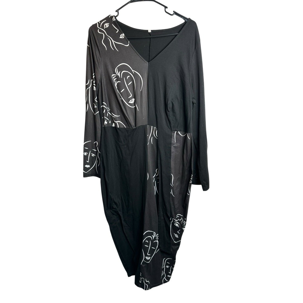womens long sleeve black dress plus size 2XL XXL unique fashion abstract faces